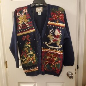 Heirloom Collectibles Blue Christmas Sweater Cardigan Women M Santa Embroidery